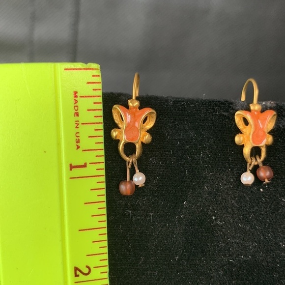 Flow of Life Tibetan Gold Earrings with Coral Inlay and Dangling Beads - Picture 4 of 6